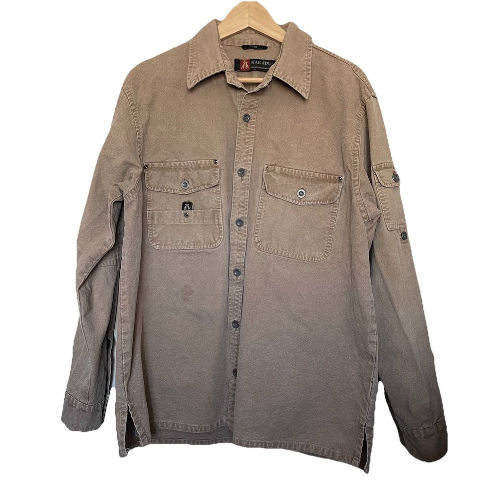 Kakadu Traders Shirt Men Small Tan Brown Canvas Utility Roll Tab Workwear Safari